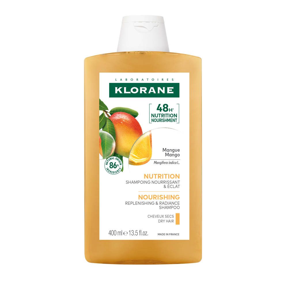 Gele shampoo fles met witte dop. Opschrift: KLORANE, Mango. 48H Voeding. 86% natuurlijke ingrediënten. 400 ml.