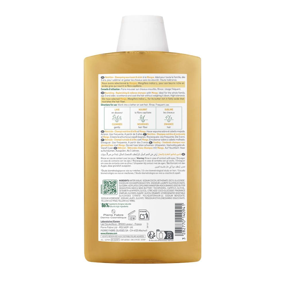 Achterkant van de gele shampoo fles. Tekst: productinformatie, QR-code, 12M-symbool, Pierre Fabre. 86% natuurlijke ingrediënten.