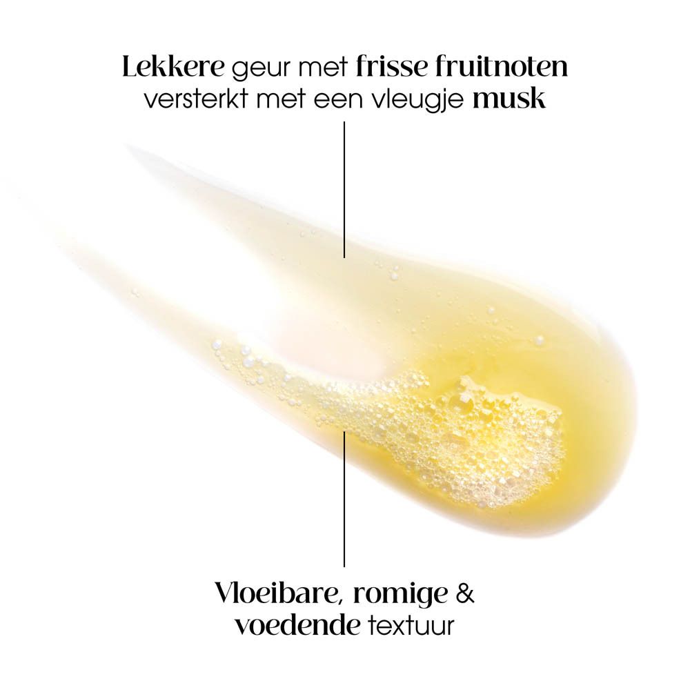 Close-up van een gele, romige textuur. Tekst: geur met fruitnoten, textuur vloeibaar en voedend.