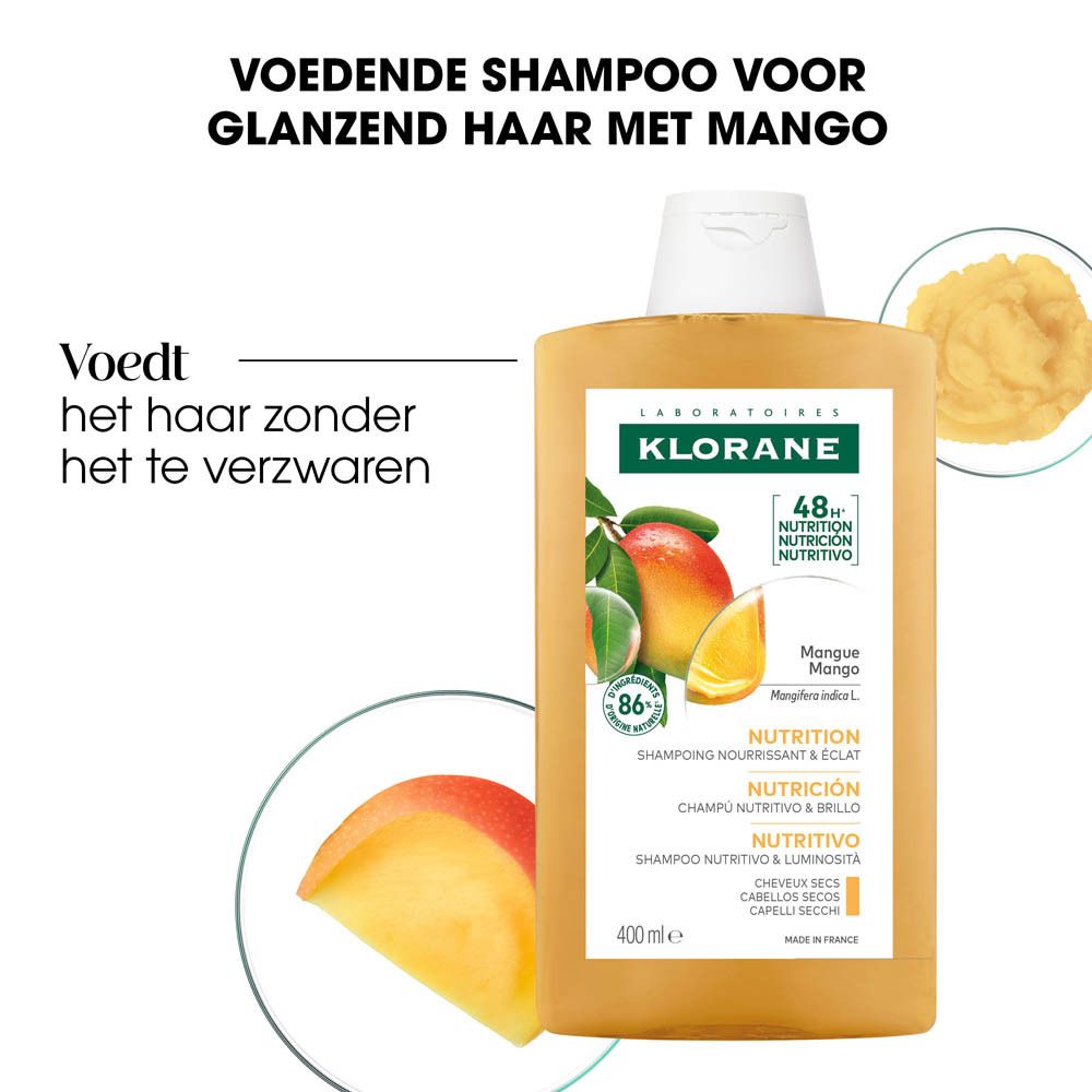 Gele shampoo fles met witte dop. Opschrift: KLORANE, Mango. 48u voeding. 400 ml.