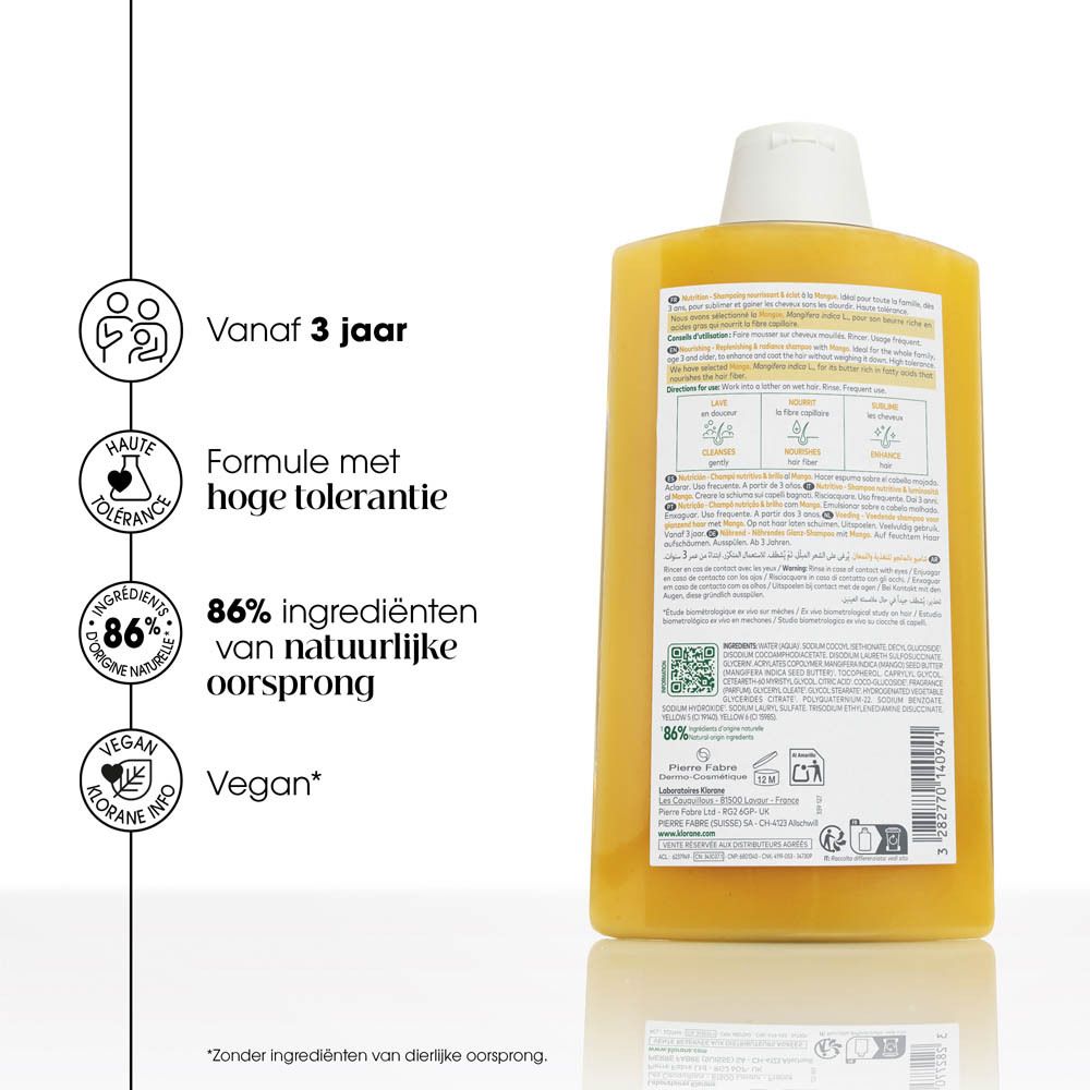 Achterkant van de gele shampoo fles. Tekst: productinformatie, QR-code, 12M-symbool, Pierre Fabre. 86% natuurlijke ingrediënten.