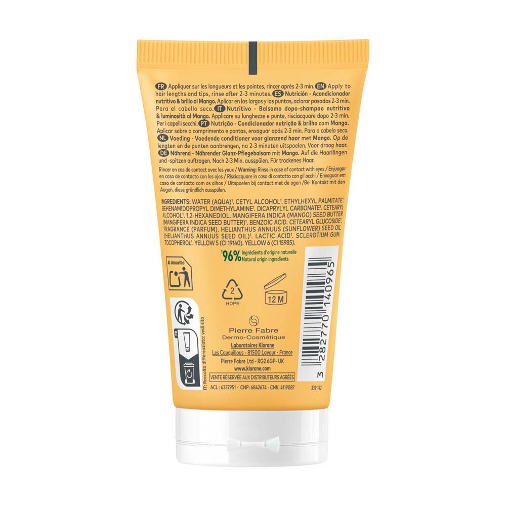 Achterkant van de KLORANE Mango Conditioner tube met ingrediënten en instructies.