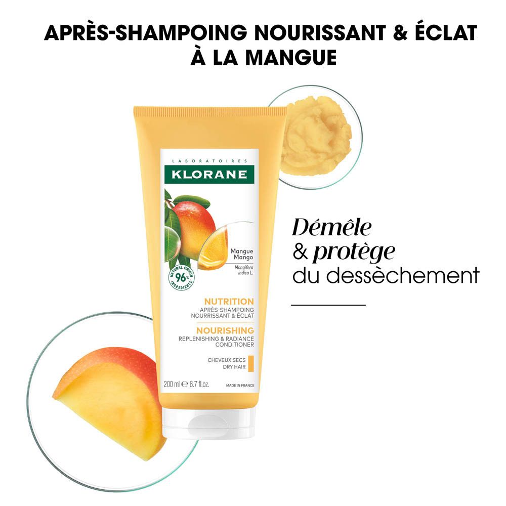 Tube de KLORANE Mango Conditioner avec illustration de mangue et avantages produit.