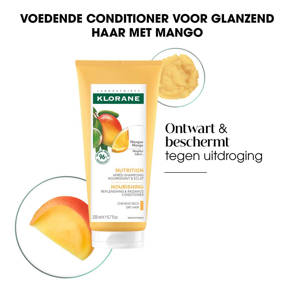 KLORANE Mango Conditioner tube met mangoinvulling en productvoordelen.