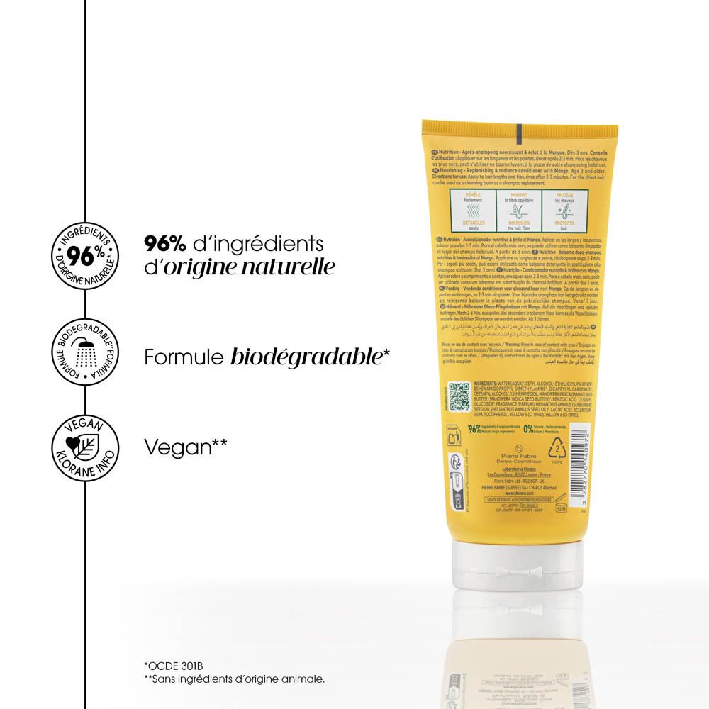 Arrière du tube KLORANE Mango Conditioner avec sceaux pour ingrédients naturels et formule vegan.