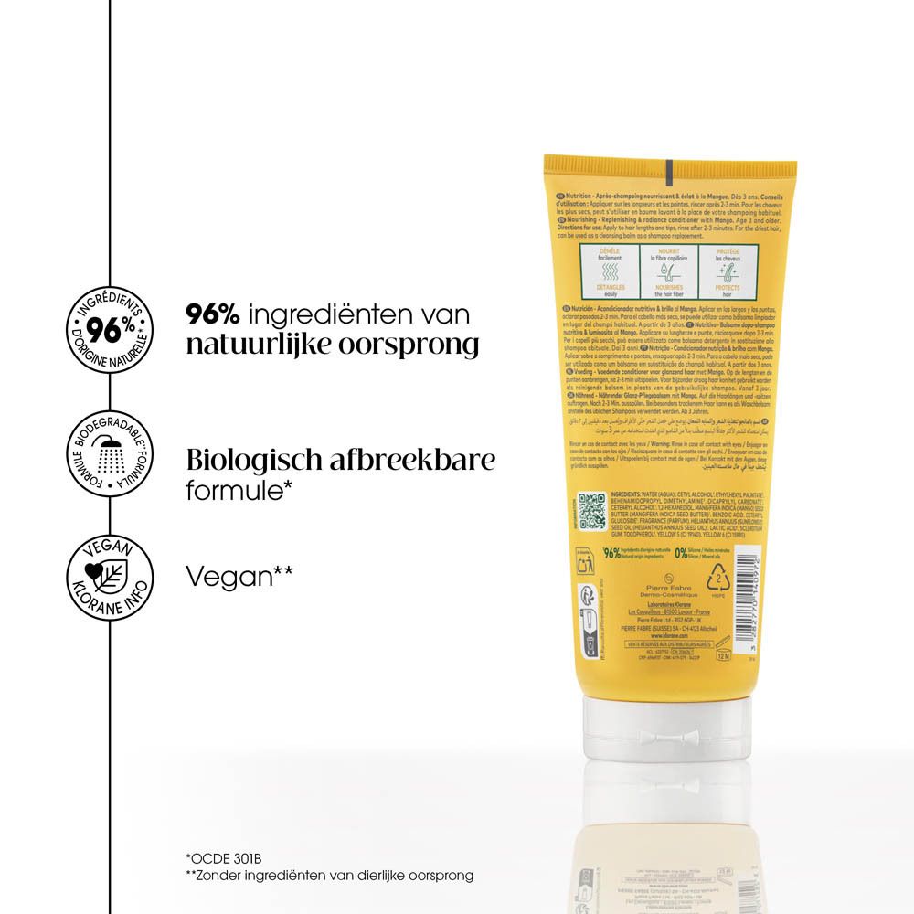 Achterkant van de KLORANE Mango Conditioner tube met zegels voor natuurlijke ingrediënten en vegan formule.