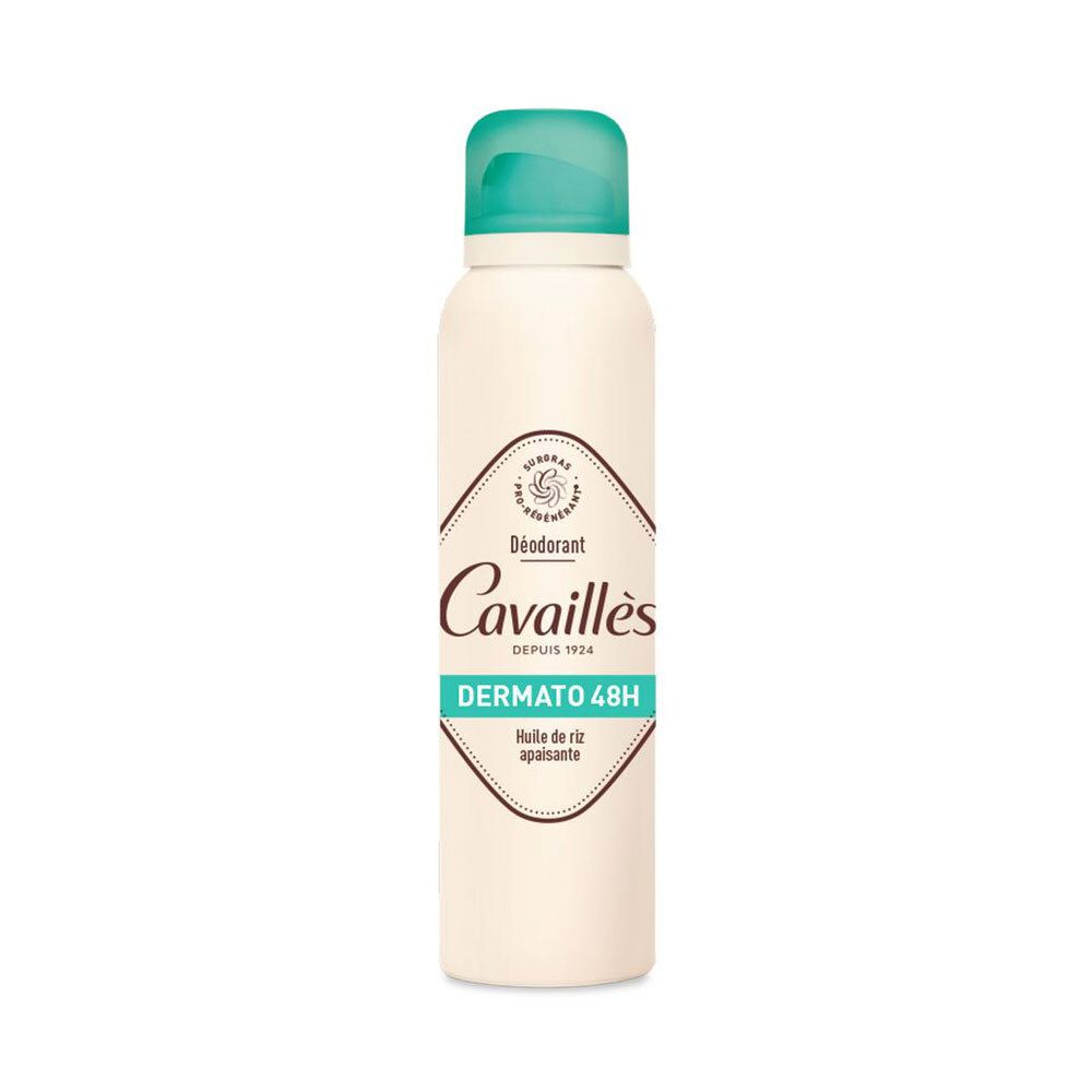 Witte deodorant spray met turquoise dop. Opschrift: Cavaillès, Dermato 48H. Met rijstolie.