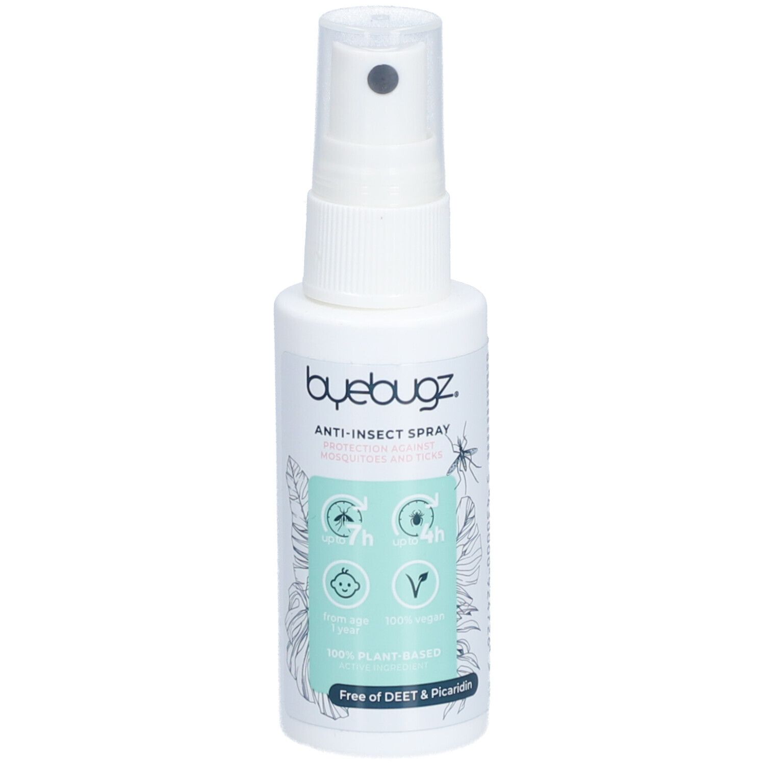 Witte sprayfles met "ByeBugz Anti-Insect Spray" label. Bevat symbolen en tekst, waaronder "100% PLANT-BASED".