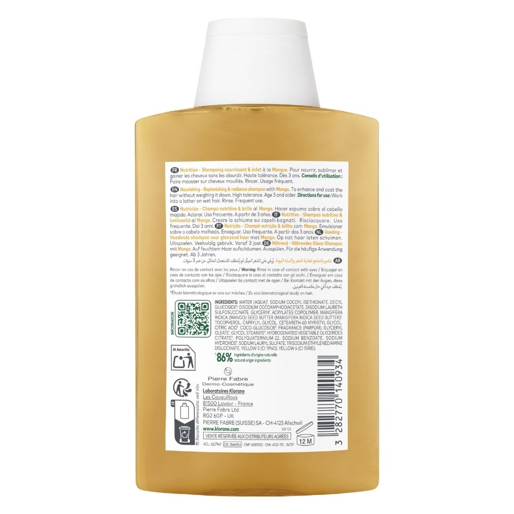 Dos KLORANE Shampoo Mangue, 200ml, avec instructions et logos.
