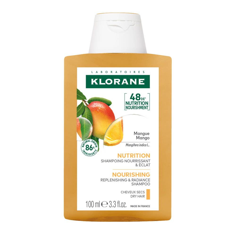 KLORANE Shampoo met Mango, 100ml. Gele vloeistof in een doorzichtige fles met witte dop.
