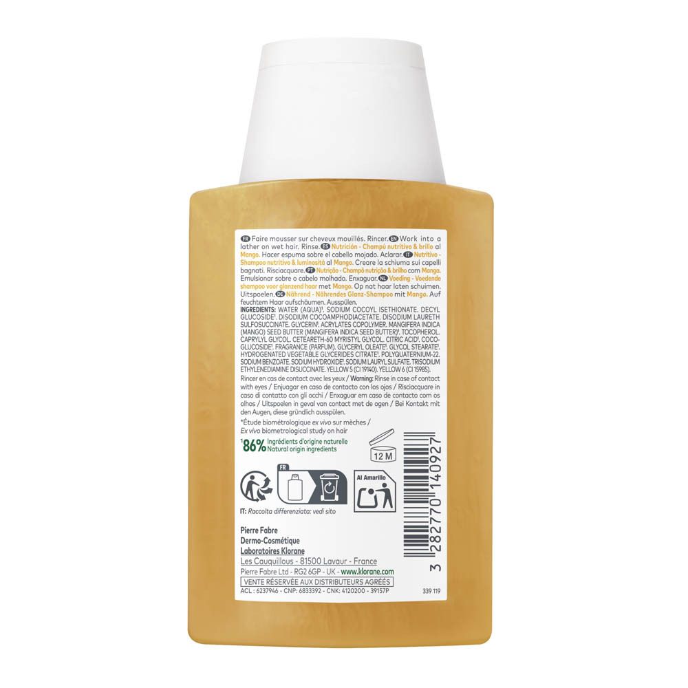 Arrière de la bouteille de Shampoing KLORANE à la Mangue avec ingrédients et instructions.