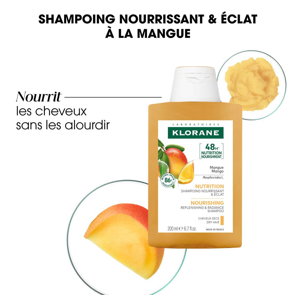 KLORANE Shampooing à la mangue, image produit. Bouteille, tranche de mangue et texte: 'Shampooing Nourrissant & Éclat à la Mangue'.