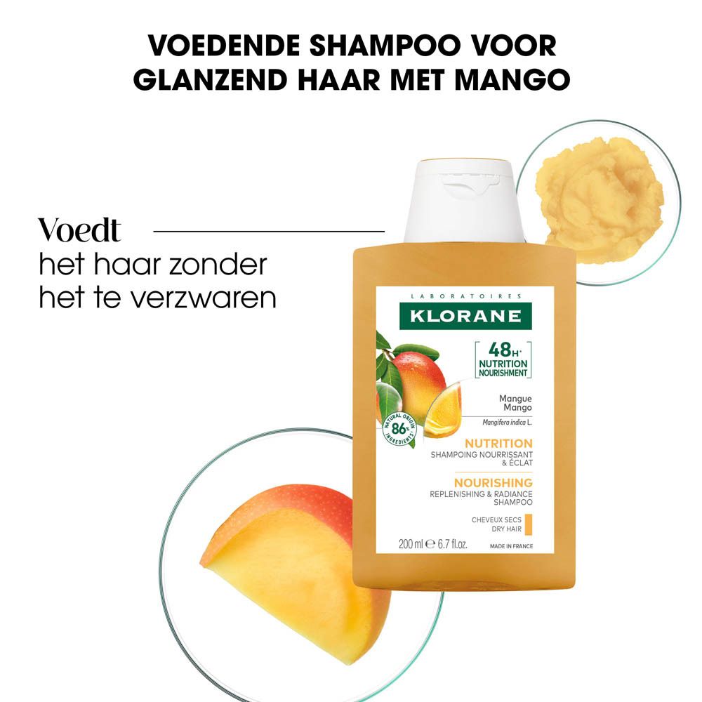 KLORANE Shampoo met Mango, 200ml. Gele vloeistof in een doorzichtige fles met witte dop.