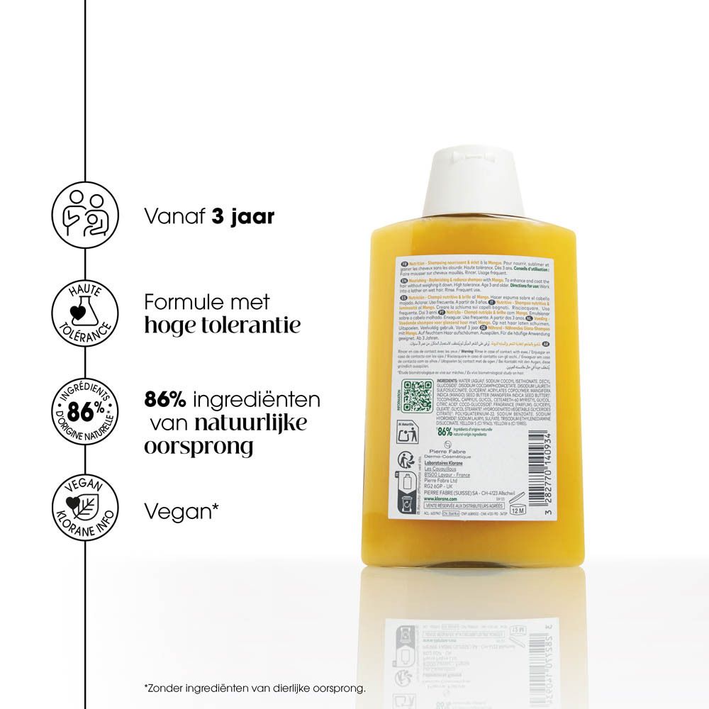 KLORANE Shampoo met Mango, 200ml. Gele vloeistof in een doorzichtige fles met witte dop.