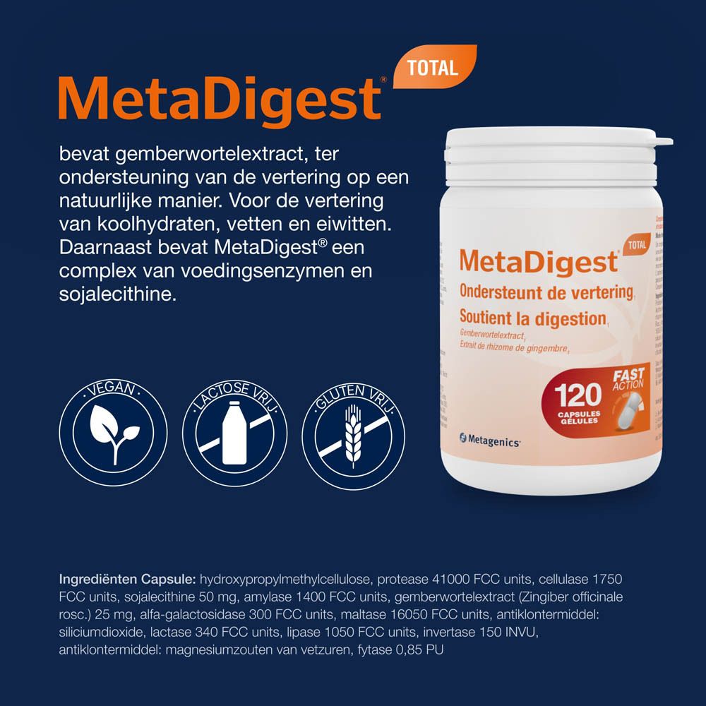 Witte pot met MetaDigest Total. Bevat 120 capsules. Merk Metagenics.