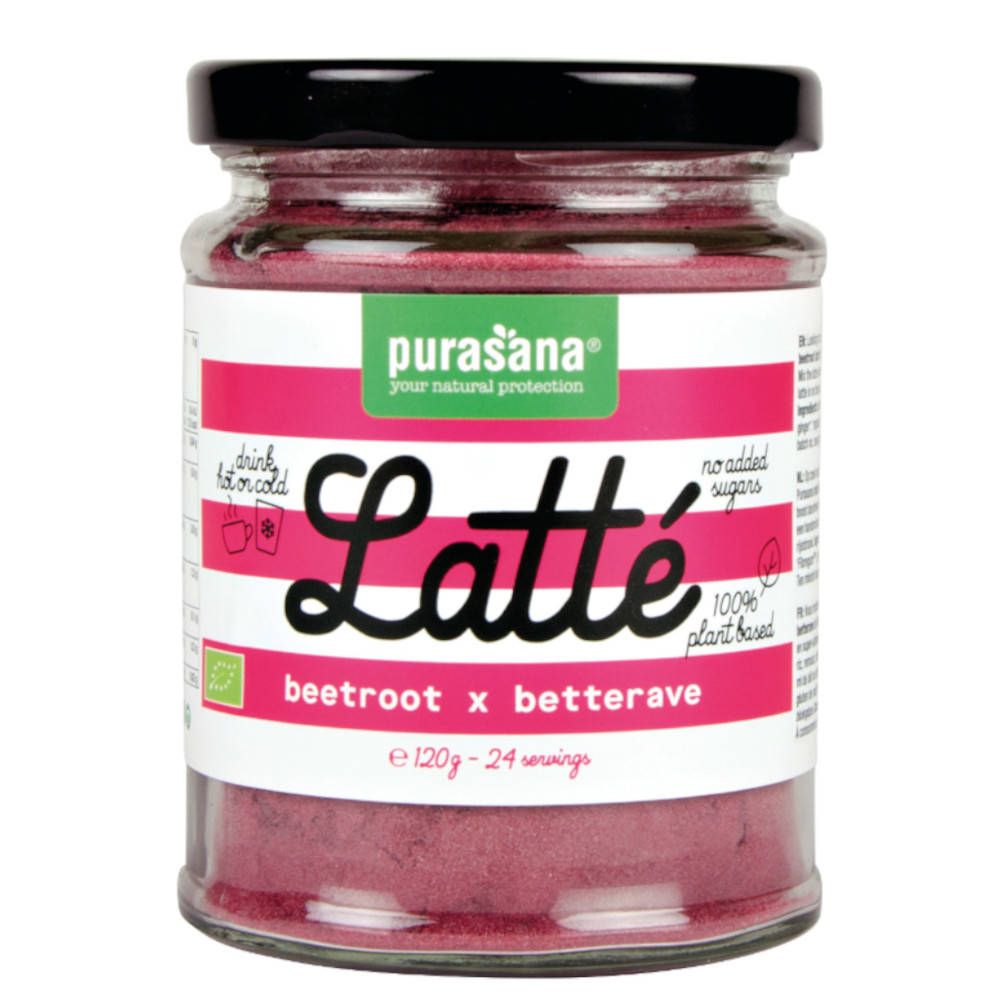 Pot en verre avec poudre rose. Étiquette "Purasana Latte", "betterave" et "100% végétal".