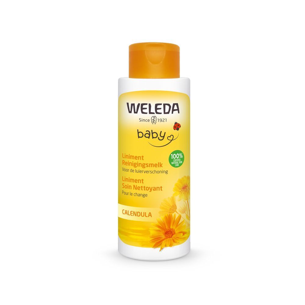 Flacon de lait nettoyant Weleda Baby. Design jaune et blanc, bouchon jaune. Inscription : Baby, Calendula, 100% soin naturel.
