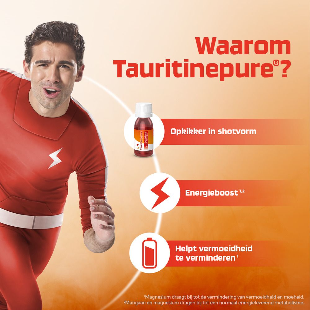 Man in rood pak. Naast hem een flesje TAURITINEPURE. Grafische weergave van energie en vermoeidheid.
