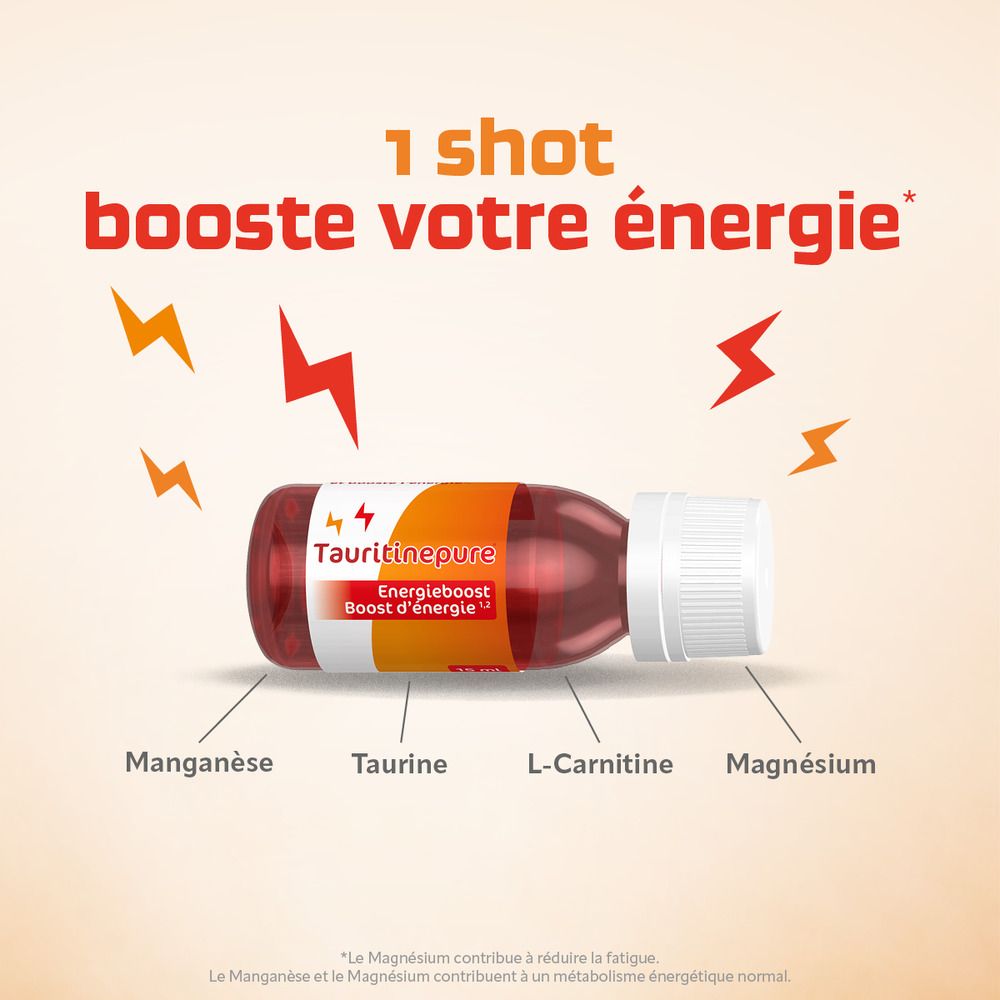 Flacon de TAURITINEPURE. Inscriptions : Taurine, L-Carnitine, magnésium, manganèse. Représentation graphique d'éclairs.