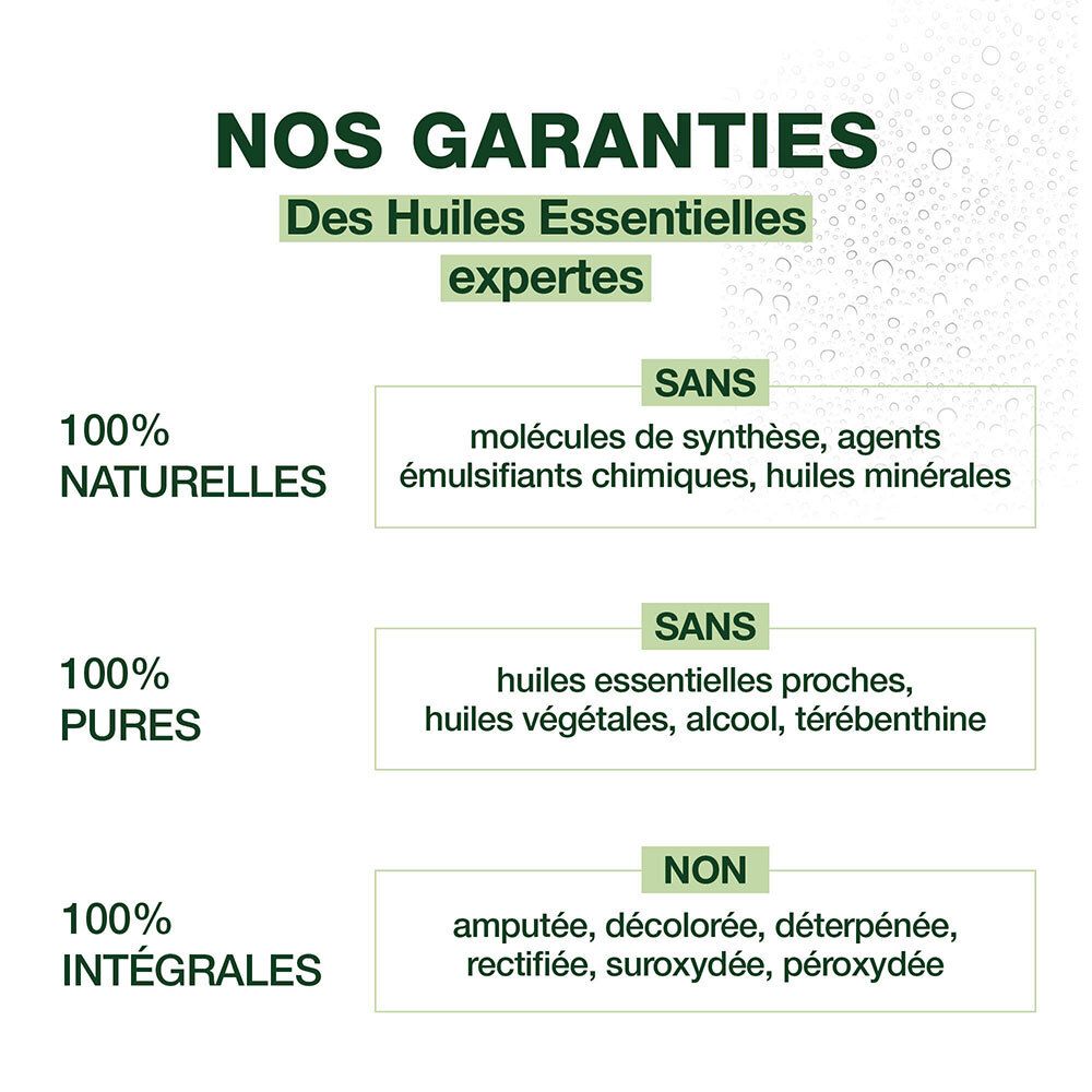 Graphique avec texte: Nos Garanties. 100% Naturelles, Pures, Intégrales. Sans molécules synthétiques, etc.