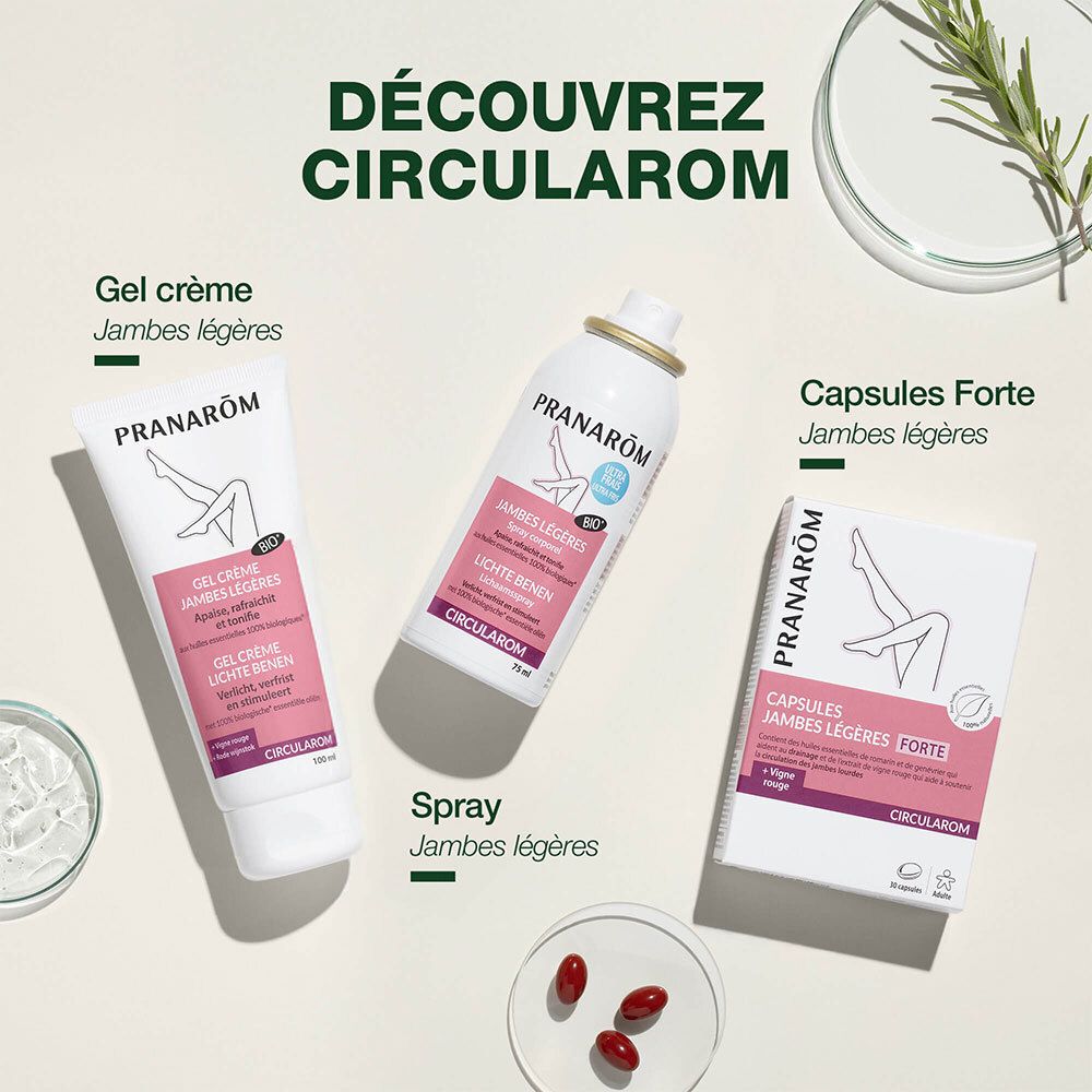 Trois produits: Gel, Spray et Capsules. Tous avec le nom Circularom. Inscription: Jambes légères.
