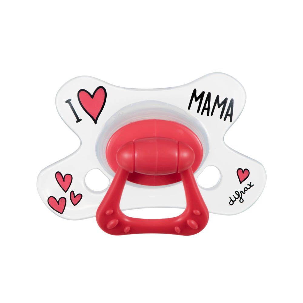 Rode fopspeen. Merk difrax. Tekst: "I Love Mama". Hart-ontwerp.