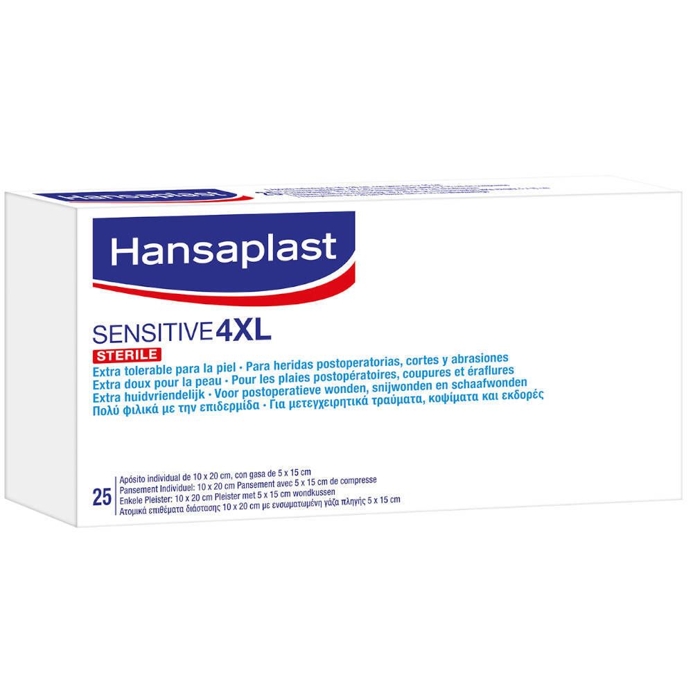 Hansaplast Sensitive 4XL Stérile verpakking. Wit, met logo en productnaam. 25 stuks. Meertalige tekst.