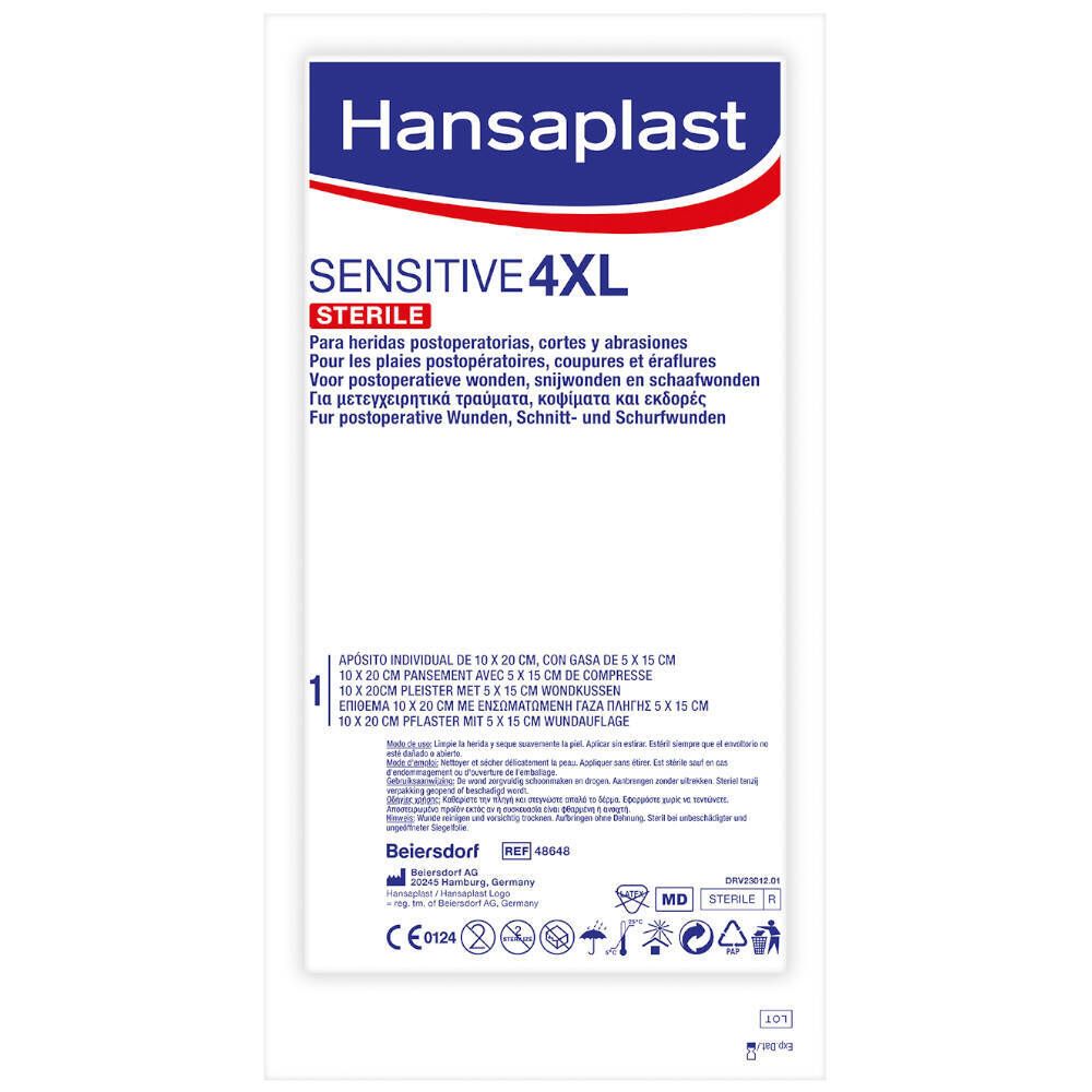 Hansaplast Sensitive 4XL Stérile verpakking. Wit met productinfo. 1 stuk. Medisch hulpmiddel.