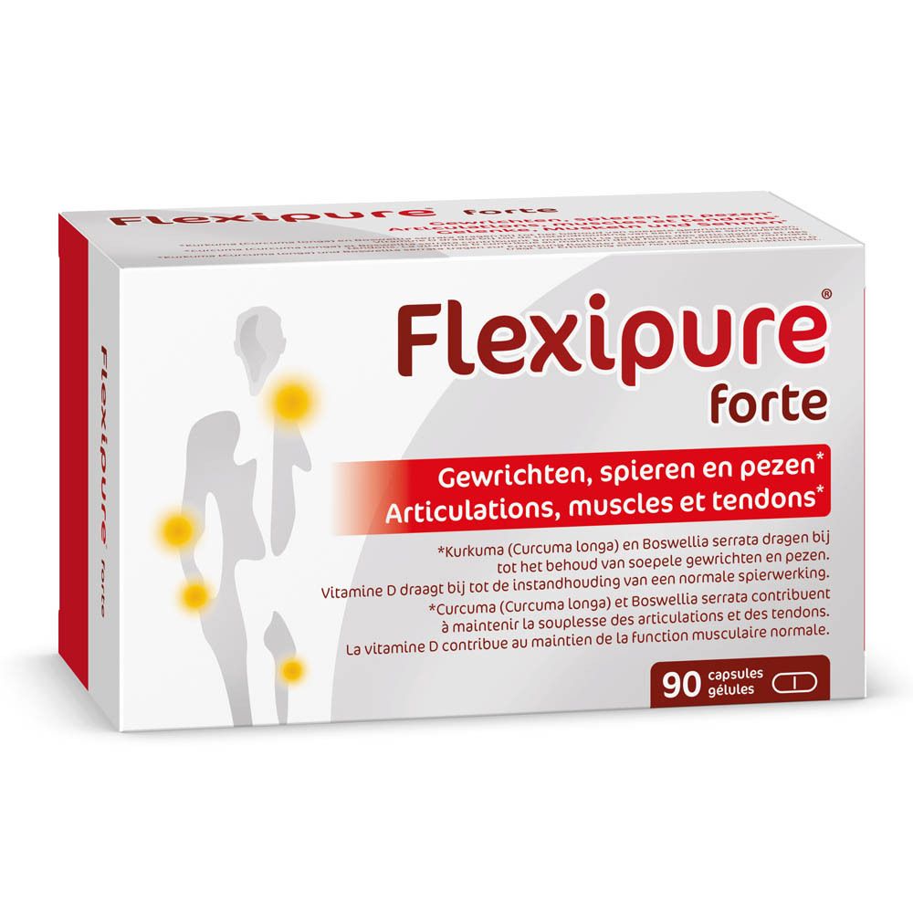 Boîte Flexipure forte. Contient 90 gélules. Inscription : Articulations, muscles et tendons. Contient Curcuma longa et Boswellia serrata.