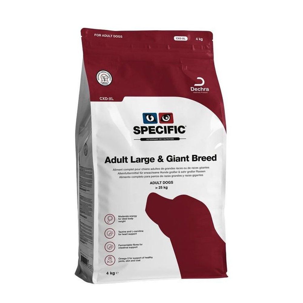 Sac de nourriture pour chiens. Inscription: SPECIFIC Adult Large & Giant Breed. Emballage rouge et blanc, 4 kg.