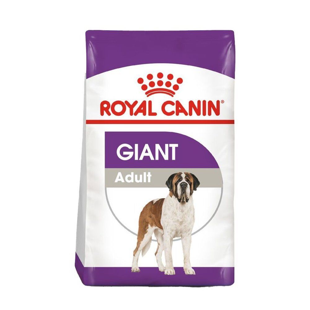 Sac de nourriture pour chiens. Inscription: ROYAL CANIN GIANT Adult. Emballage violet et blanc, avec chien.
