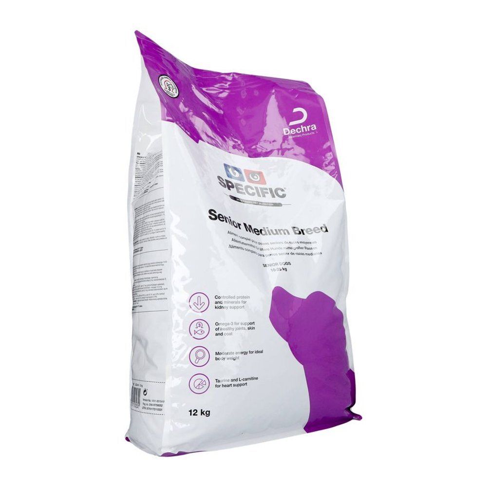 Zak droogvoer voor oudere honden van middelgrote rassen. Merk Specific, 12 kg. Paarse en witte verpakking.