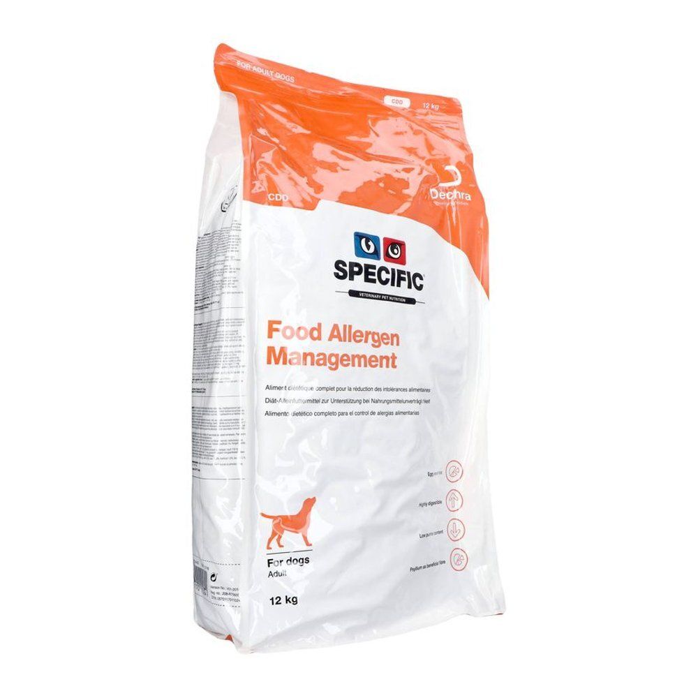 Verpakking van hondenbrokken. Opschrift: Specific Food Allergen Management. Illustratie van een hond. Gewicht: 12 kg.