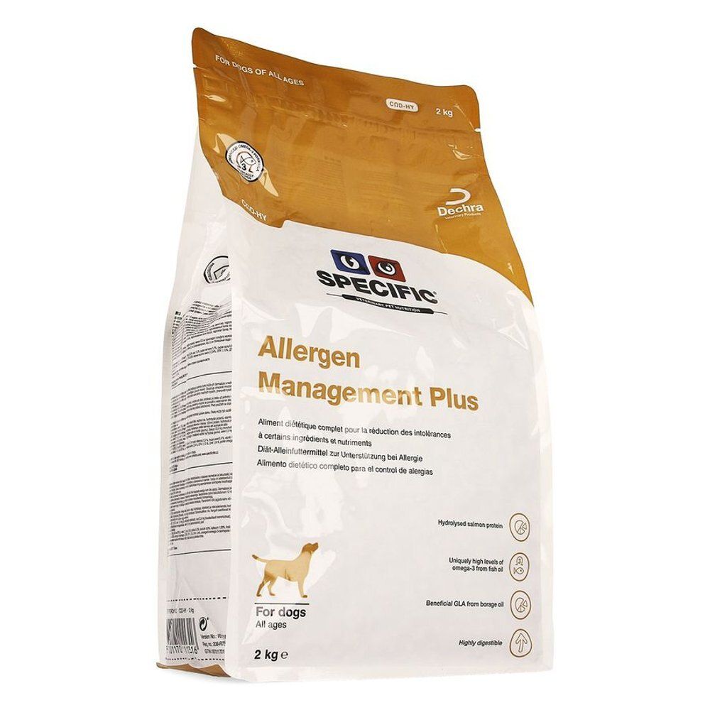 Sac de nourriture pour chiens. Inscription : Allergen Management Plus. Logo : Specific. Pour chiens de tous âges. Contenu : 2 kg.