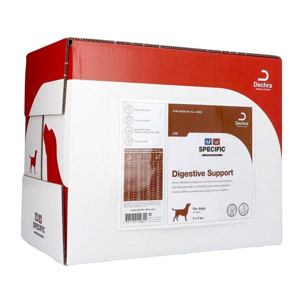 Kartonnen verpakking met tekst. Opschrift: Digestive Support. Voor honden van alle leeftijden. Merk: Specific. Logo: Dechra.