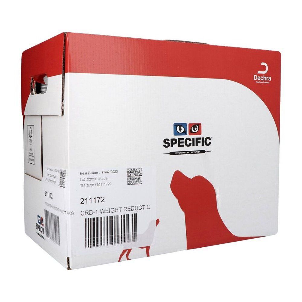 Kartonnen doos met rode en witte afbeeldingen. Opschrift: SPECIFIC, CRD-1 WEIGHT REDUCTIC. Dechra-logo.