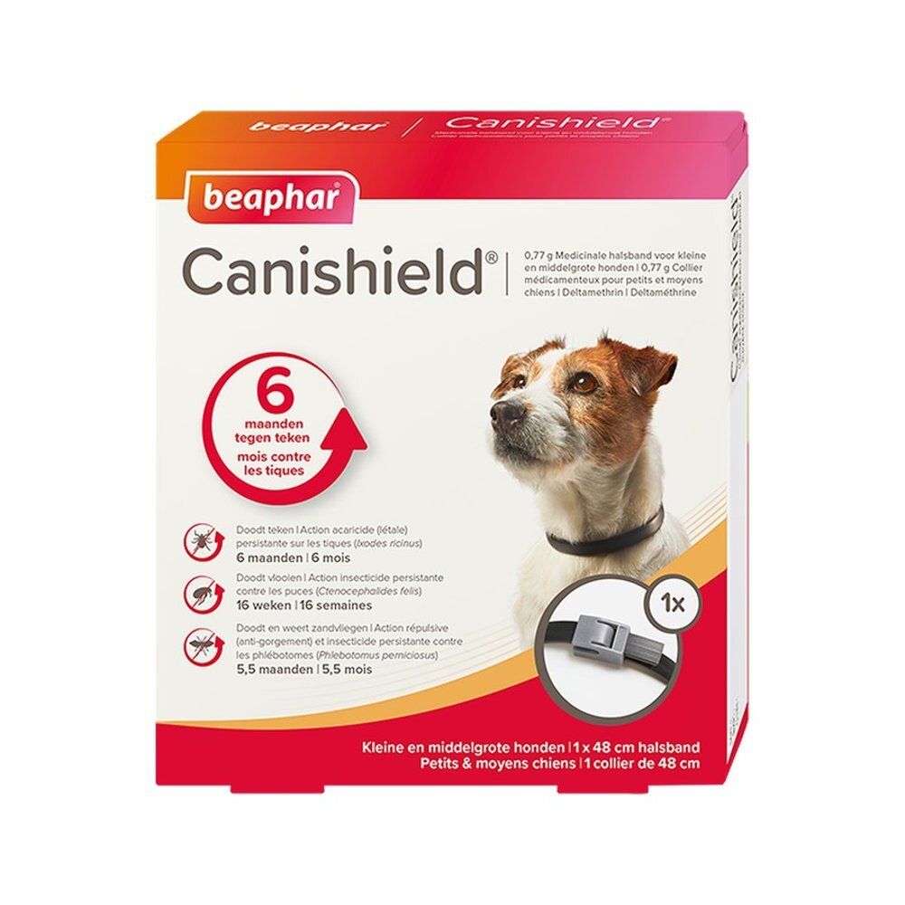 Verpakking van Beaphar Canishield halsband, 48 cm, voor kleine en middelgrote honden.