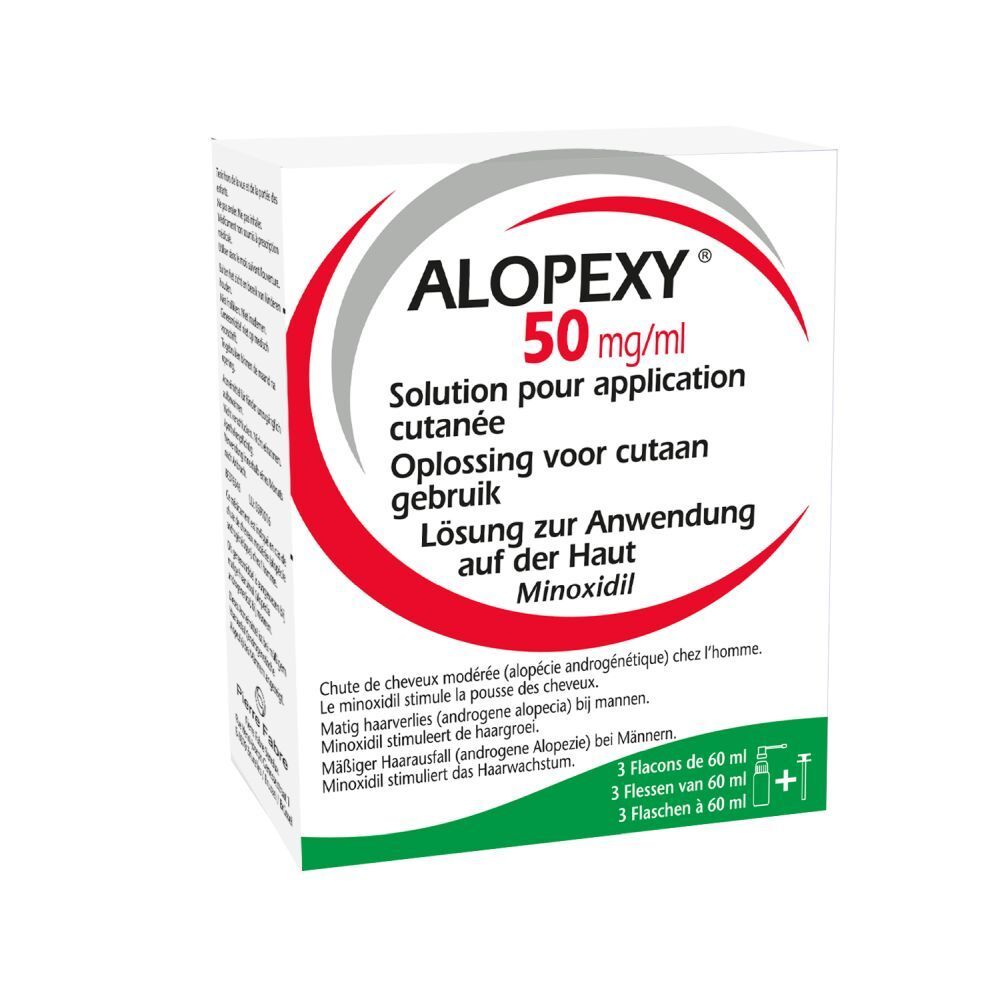 ALOPEXY 50 mg/ml verpakking. 3 flacons, accessoires. Tekst in het Frans, Nederlands en Duits.