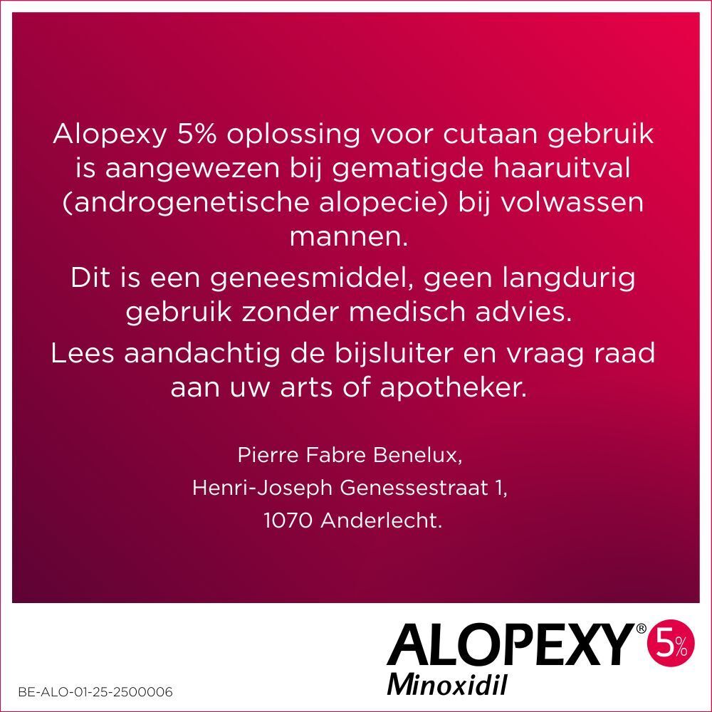 ALOPEXY 5% oplossing. Tekst in het Nederlands. Aangegeven bij haaruitval bij mannen.