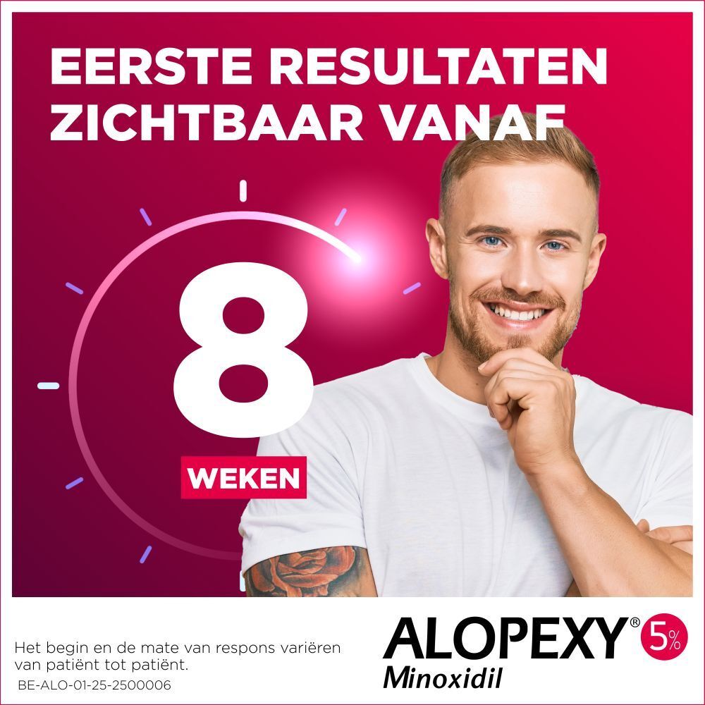 Lachende man. Tekst in het Nederlands. Eerste zichtbare resultaten na 8 weken. ALOPEXY 5%.
