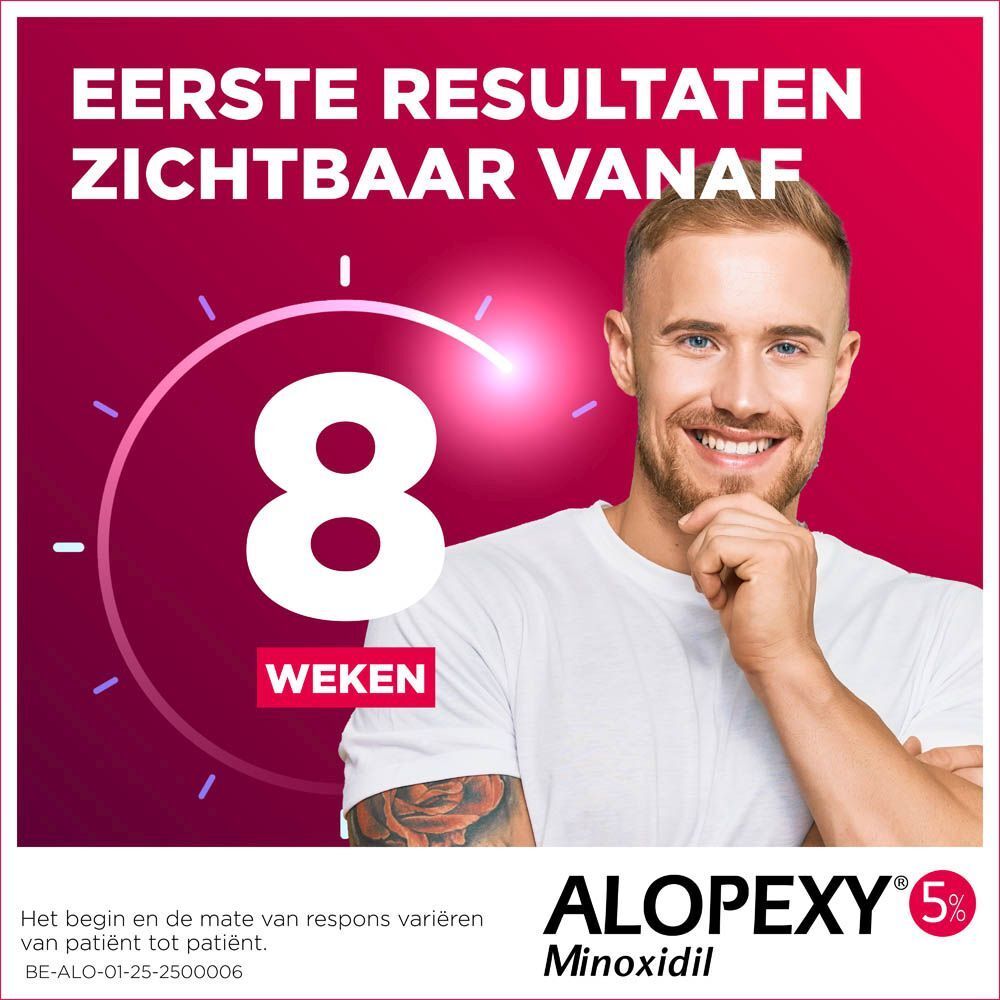 ALOPEXY 5% bijsluiter. Tekst in het Nederlands. Toont een man en de eerste zichtbare resultaten na 8 weken.