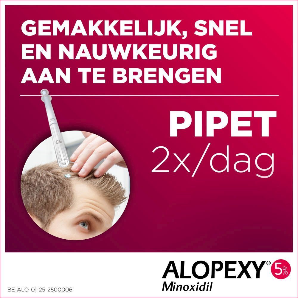 ALOPEXY 5% bijsluiter. Tekst in het Nederlands. Toont de toepassing met een pipet.