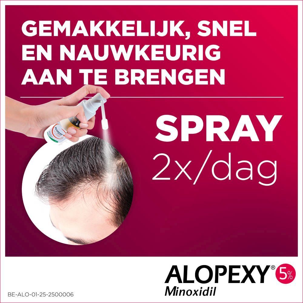 ALOPEXY 5% bijsluiter. Tekst in het Nederlands. Toont de toepassing met een spray.