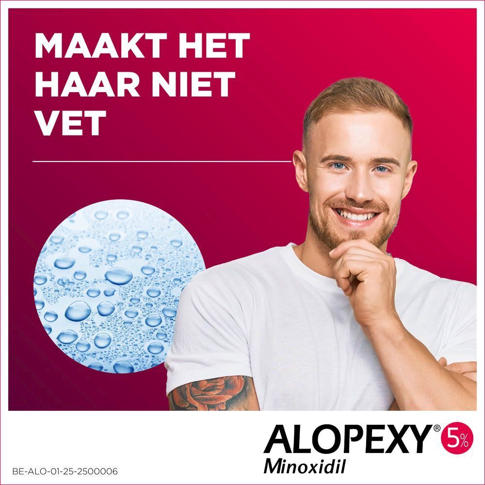 ALOPEXY 5% bijsluiter. Tekst in het Nederlands. Toont een man en de bewering dat het haar niet vet wordt.