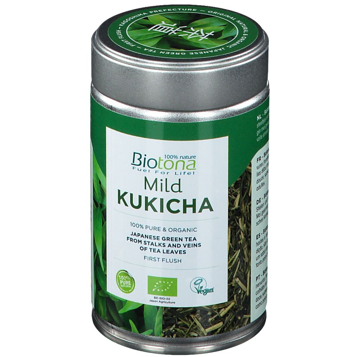 Groene blik "Biotona Mild Kukicha". Bio- en vegan logo's. Tekst: 100% Pure & Organic Japanese Green Tea.