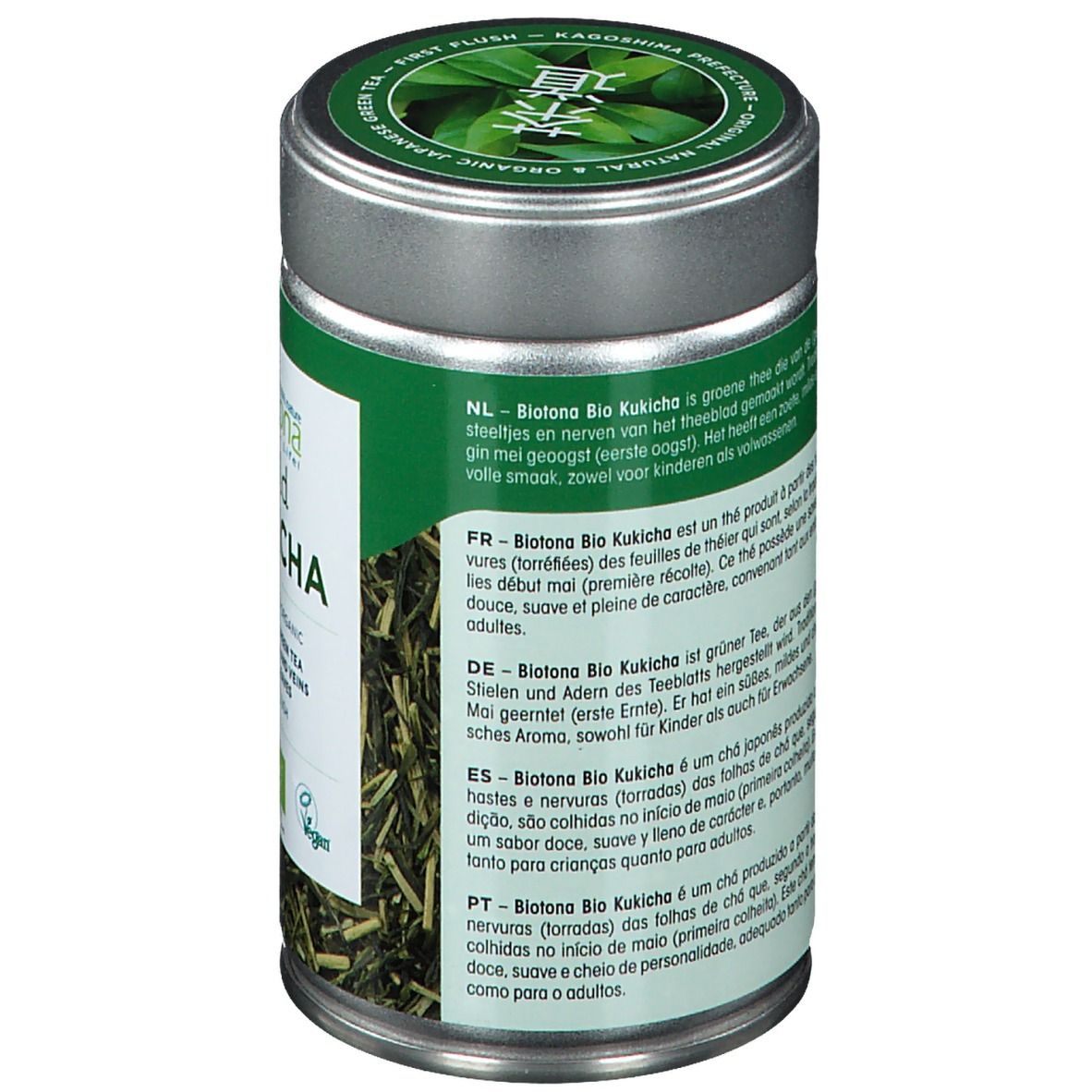 Groene blik "Biotona Mild Kukicha". Bio- en vegan logo's. Tekst: 100% Pure & Organic Japanese Green Tea.