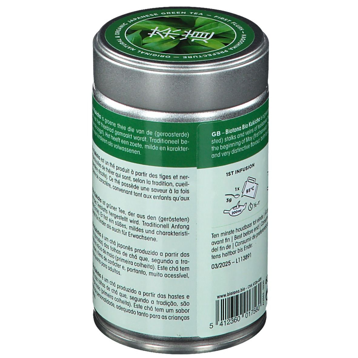 Groene blik "Biotona Mild Kukicha". Bio- en vegan logo's. Tekst: 100% Pure & Organic Japanese Green Tea.