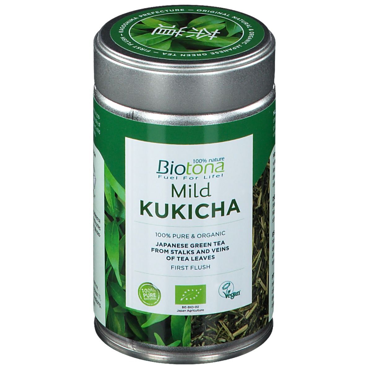 Groene blik "Biotona Mild Kukicha". Bio- en vegan logo's. Tekst: 100% Pure & Organic Japanese Green Tea.