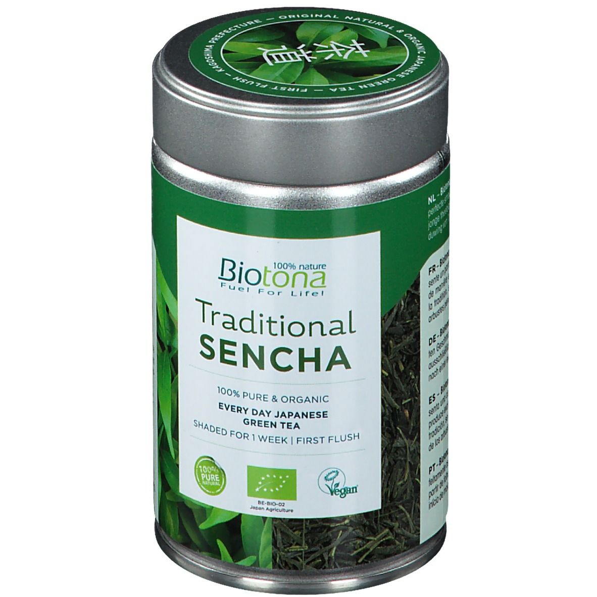 Boîte cylindrique avec étiquette verte. Inscription: Biotona Traditional Sencha. 100% Pure & Organic Green Tea. Avec label bio.