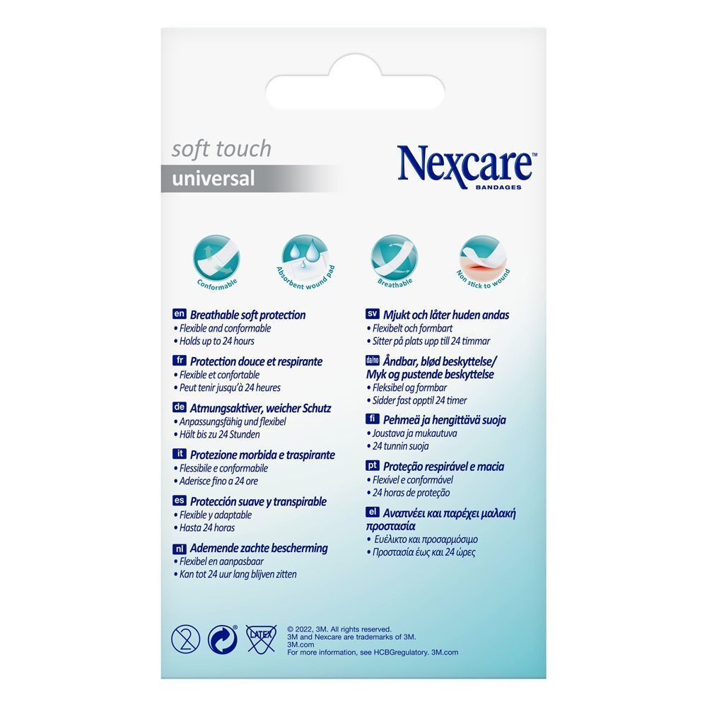 Dos de la boîte avec informations sur les pansements Nexcare Soft Touch Universal.